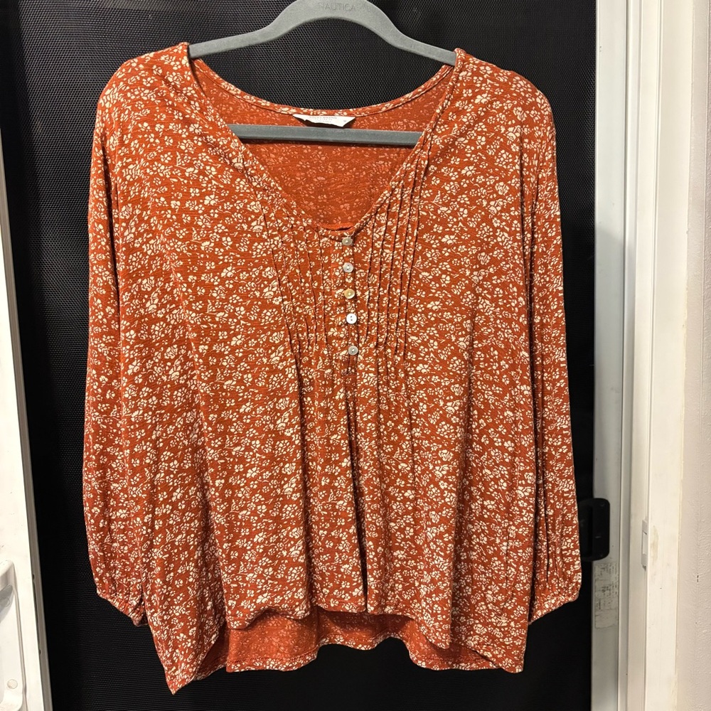 Lucky Brand Ditsy Floral Pintuck Boho Peasant Blouse Earth Tone